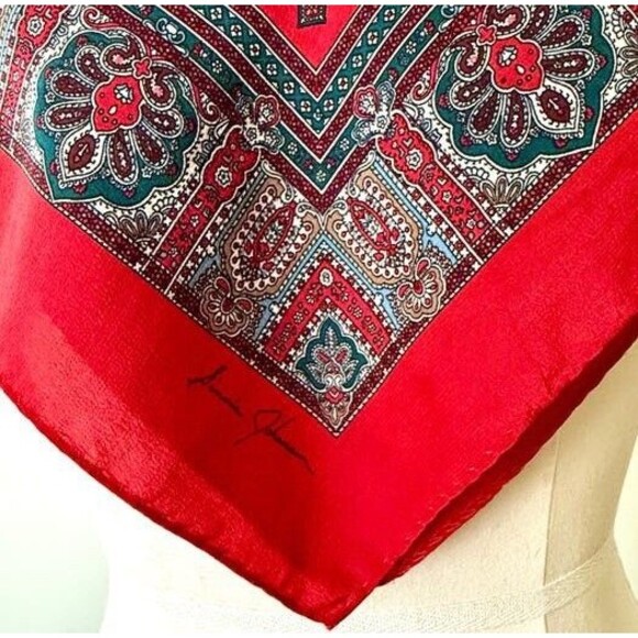VTG Ginnie Johansen Silk Scarf Red Navy Floral Square Foulard Hand Rolled Hems - Picture 3 of 8